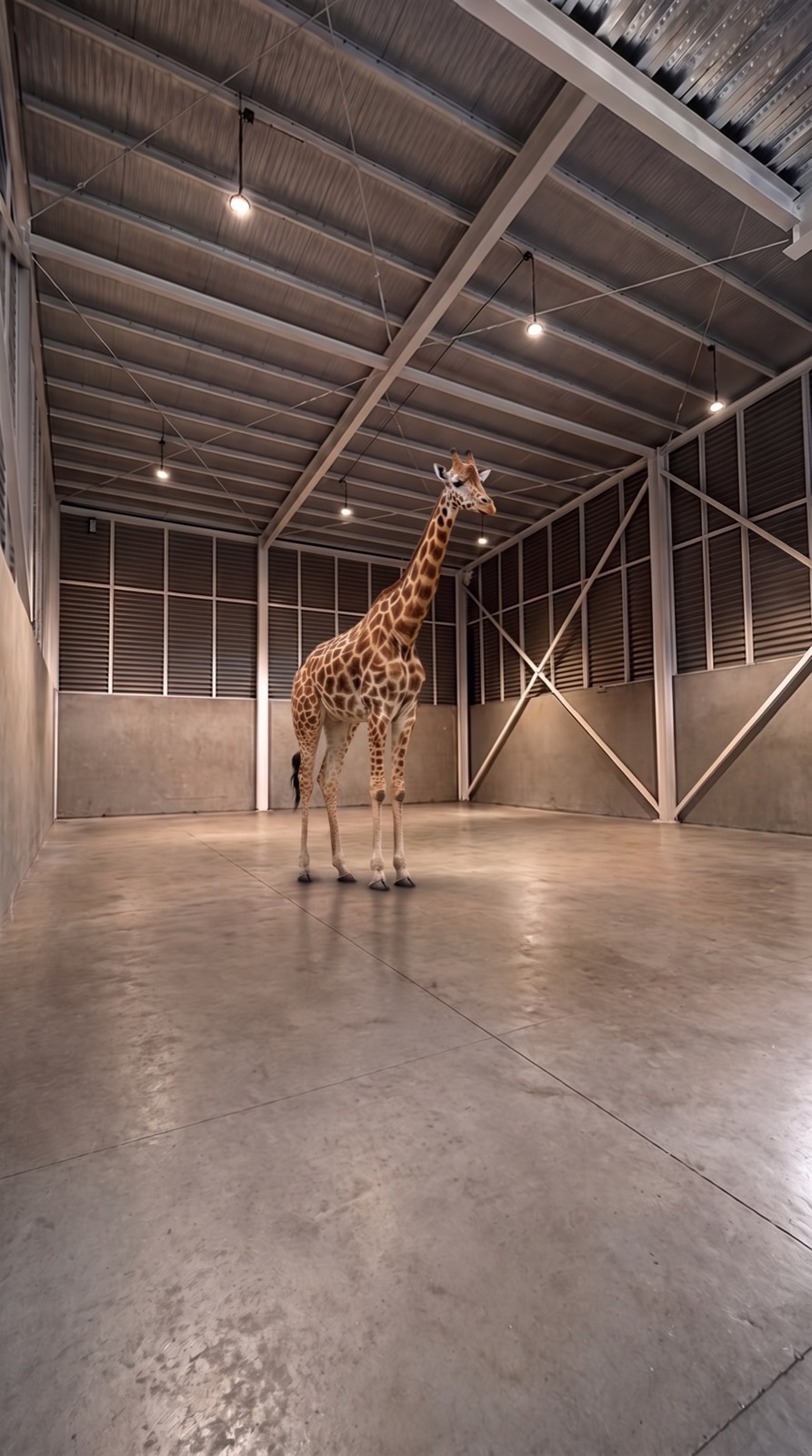 Jirafa dentro de una bodega de Las Colinas, con espacio de sobra arriba
