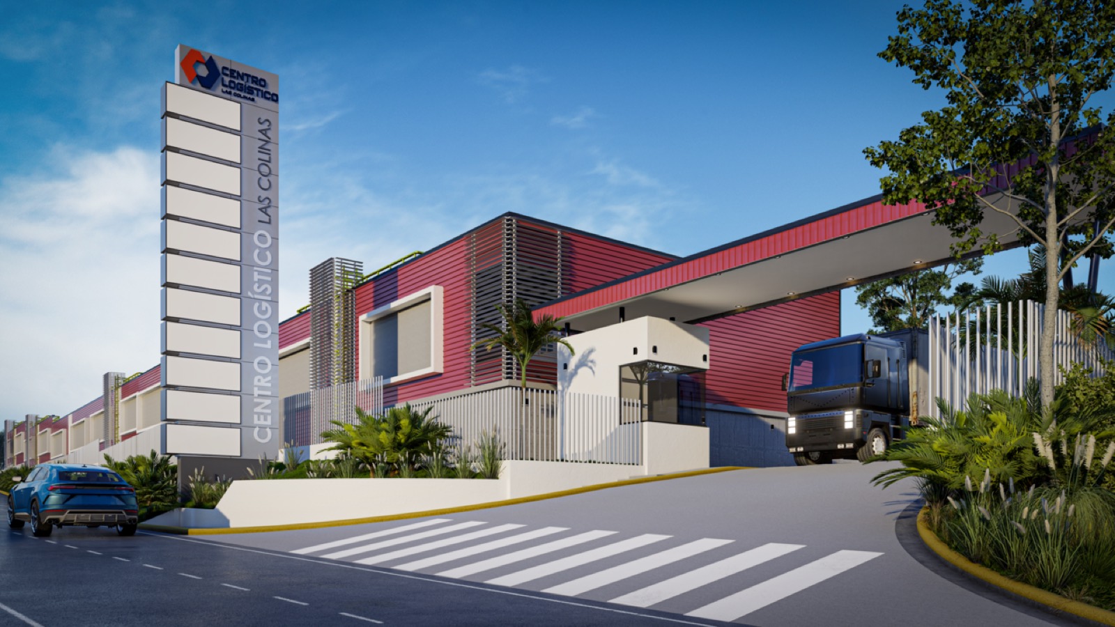 Entrada del Centro Logístico Las Colinas con su tótem